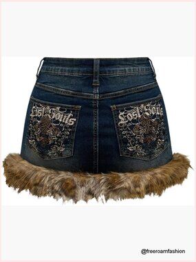 Plus Size Leopard Fuzzy Mini Denim Skirt Bodycon Stretch Y2K